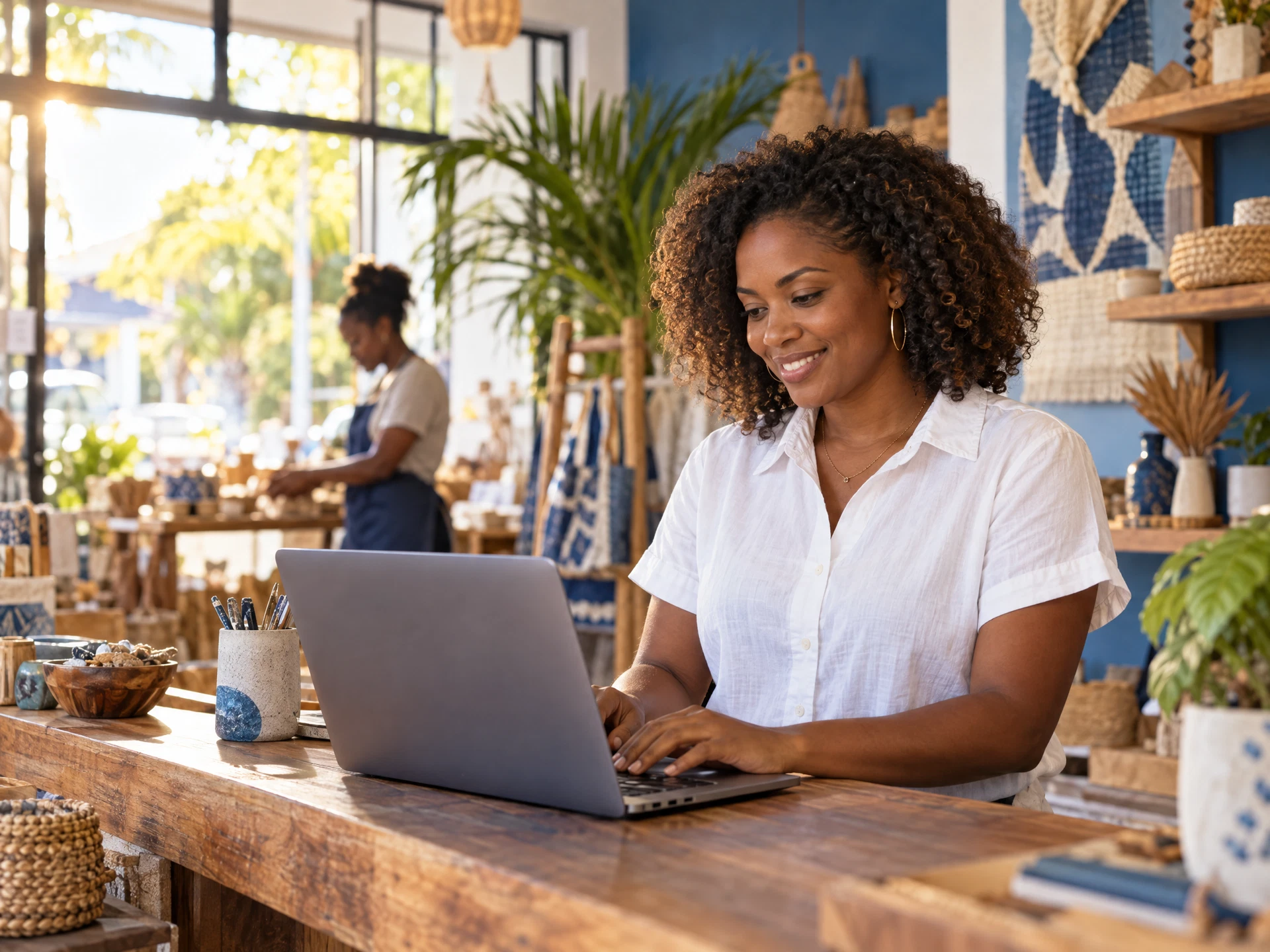 A small-business owner exploring digital opportunities on her laptop
